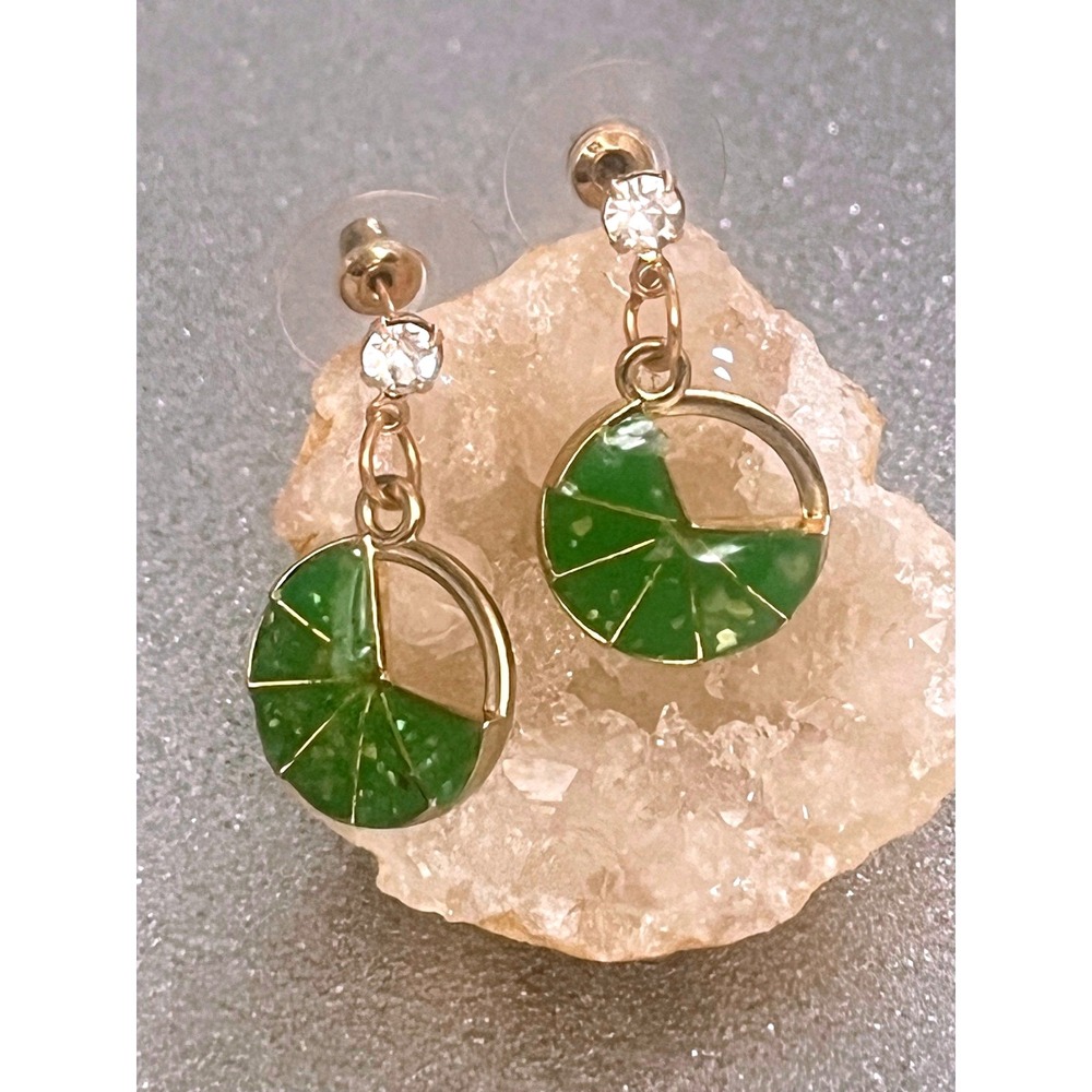 14K Gold Plated Green Lime Fruit Slice Earrings w/ Rhinestone & Sparkly Fun -New